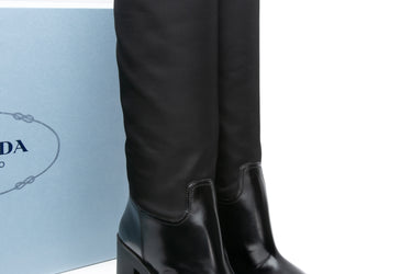 PRADA Black Re-Nylon and Leather Calzature Donna Spazzolato Knee High Boots 38 (New)