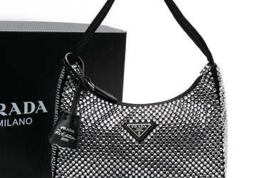 PRADA Re-Edition 2000 Mini Black Satin Bag With Crystals
