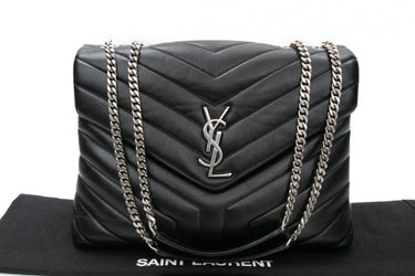 SAINT LAURENT Black Calfskin Y Quilted Monogram Medium LouLou Chain Satchel Shoulder Bag