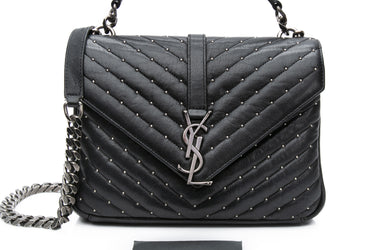 SAINT LAURENT Black Lambskin Matelasse Chevron Studded Monogram Medium College Bag
