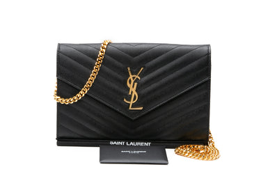 SAINT LAURENT Black Leather Classic Cassandre Chain Wallet in Grain De Poudre