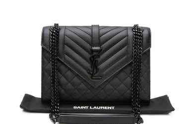 SAINT LAURENT Black Noir Envelope Medium In Quilted Grain de Poudre Embossed Leather