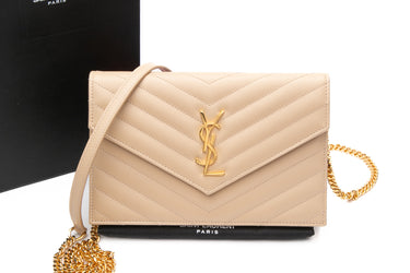 SAINT LAURENT Dark Beige Cassandre Envelope Chain Wallet in Grain de Poudre Leather