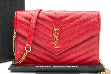 SAINT LAURENT Red Grain De Poudre Matelasse Chevron Monogram Envelope Chain Wallet