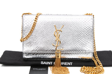 SAINT LAURENT Silver Monogram Python Lamine Moon Small Kate Tassel Crossbody Bag