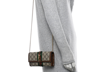 GUCCI Beige and Brown GG Supreme Monogram Textured Calfskin Web Jackie 1961 Wallet on Chain Crossbody