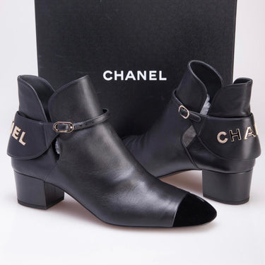Chanel Black Canvas and Leather CC Cap Toe Ankle Boots Size 39 Chanel