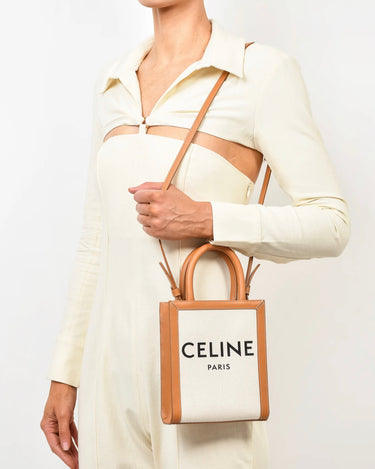 Authentic Celine Tan Triomphe Canvas and Leather Chain Crossbody