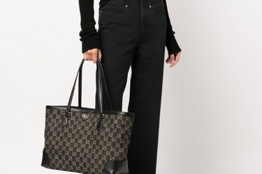 GUCCI Black and Ivory GG Denim Ophidia Medium Tote Bag