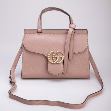 GUCCI GG Pearl Logo Marmont Leather Top Handle Shoulder Bag Porcelain Rose