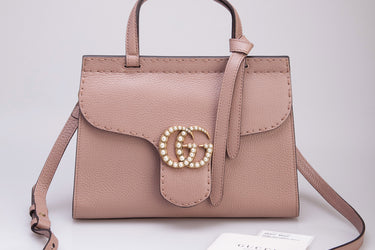 GUCCI GG Pearl Logo Marmont Leather Top Handle Shoulder Bag Porcelain Rose
