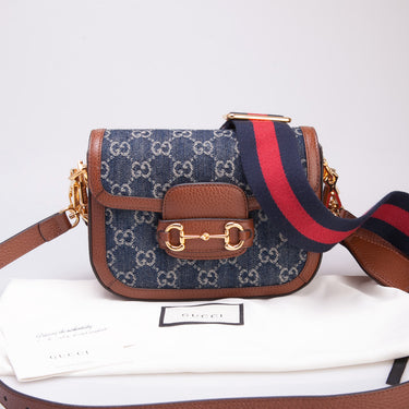GUCCI 1955 monogram denim mini horsebit detail crossbody bag (New)