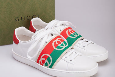 Gucci Womens Ace Elastic Web 'Interlocking G - White Red Green Sneakers Size 39.5