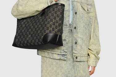 GUCCI Black and Ivory GG Denim Ophidia Medium Tote Bag