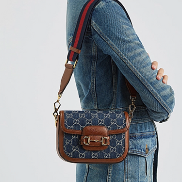 GUCCI 1955 monogram denim mini horsebit detail crossbody bag (New)